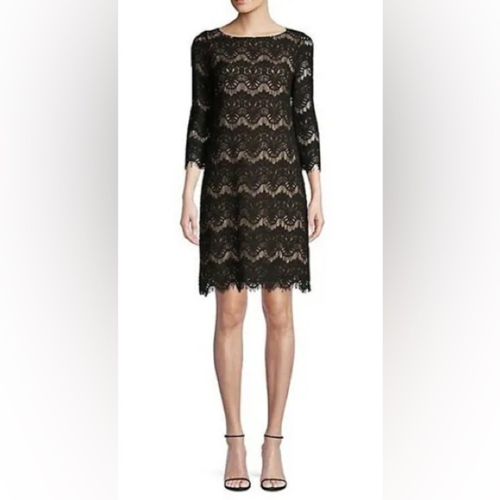 ELIZA J Lacy Bodycon Mini Shift Cocktail Dress w Scoop Neck & 3/4 Sleeves Size 2